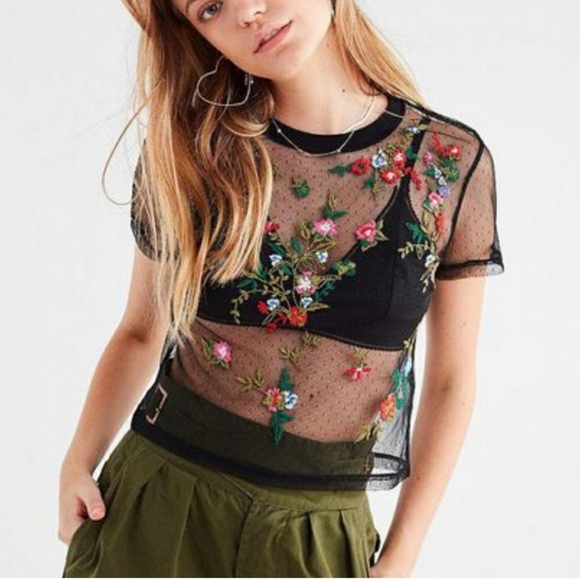 Urban Outfitters Tops - Urban Outfitters Sheer Floral Embroidered Top M
